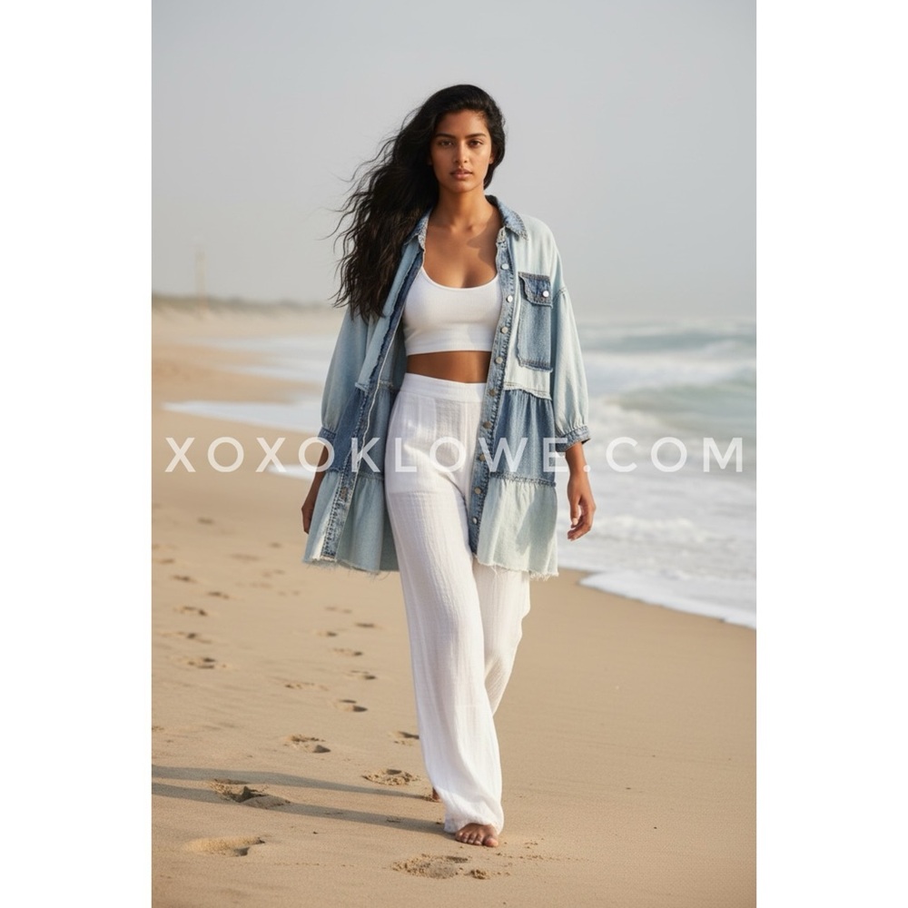 POL Denim Button Front Collared Dress | Tiered Ruffle Long Sleeve - Picture 7 of 10